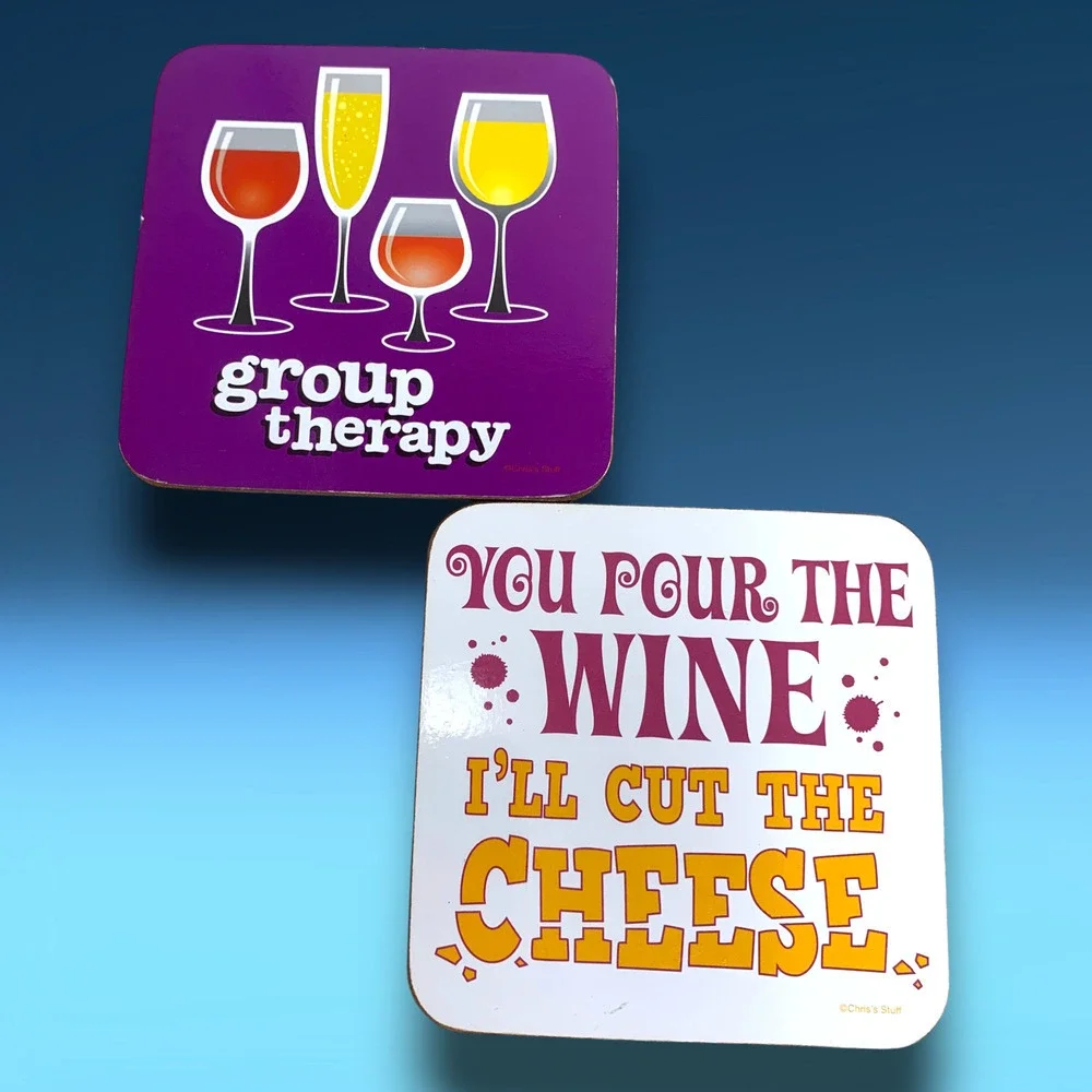 Lot of 9 Funny Wine & Beer Drinking Coasters Cork Backed Alcohol Humorous Jokes
